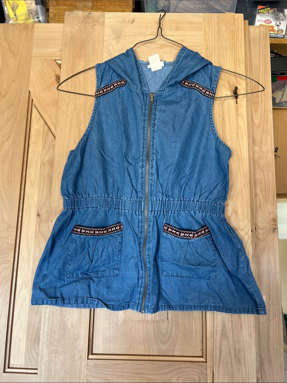 Self Esteem Blue Sleeveless Hooded Denim Vest with Embroidered Trim